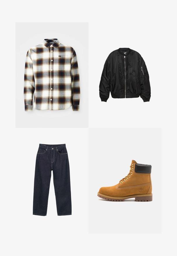Sort satin bomberjakke med frontlynlås, ribbestrikket krave, manchetter, bund, to sidelommer og lynlås-lomme på ermet.; Mørkegrøn hoodie lavet af bomuldsblanding, med et stort "G.A.P." logo i hvid og marineblå, en frontkangaroo-lomme og snoretræk i hætten.; Langærmet ternet skjorte i hvid, grå og brun. Har en knap-up design, klassisk krave og et lille brandlogo på brystet.; Mørkeblå denim jeans med løs pasform, der har fem lommer, kontrasterende gul syning og en knaplukning foran.; Tan nubuck ankelstøvle med sort polstret krave, gyldne metaløjer, hvid syning detaljer og robust gummisål med udtalte slidbaner.