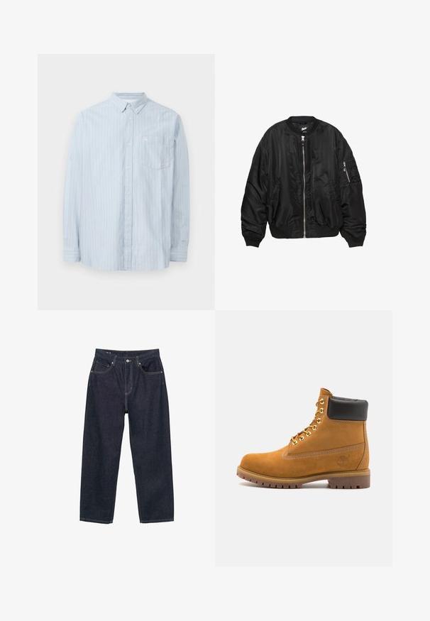 Črna satenasta bomber jakna z zadrgo spredaj, rebrastim ovratnikom, manšetami, robom, dvema stranskima žepoma in žepom na rokavu z zadrgo.; Temno zelena kapuca iz mešanice bombaža, z značilnim velikim logotipom "G.A.P." v beli in mornarsko modri barvi, sprednjim kenguru žepom in kapuco z vrvico.; Svetlo modra srajca s kratkimi rokavi z belimi navpičnimi črtami, ki vsebuje ovratnik, dolge rokave in žep na prsih. Narejena iz mehkega materiala.; Temno modri kavbojasti hlače ohlapnega kroja, ki imajo pet žepov, kontrastne rumene šive in gumbno zapiranje spredaj.; Svetlo rjave anklne čizme iz semiša z črnim oblazinjenim ovratnikom, zlatimi kovinskimi očesci, belimi šivi in robustnim gumijastim podplatom s izrazitimi tredi.