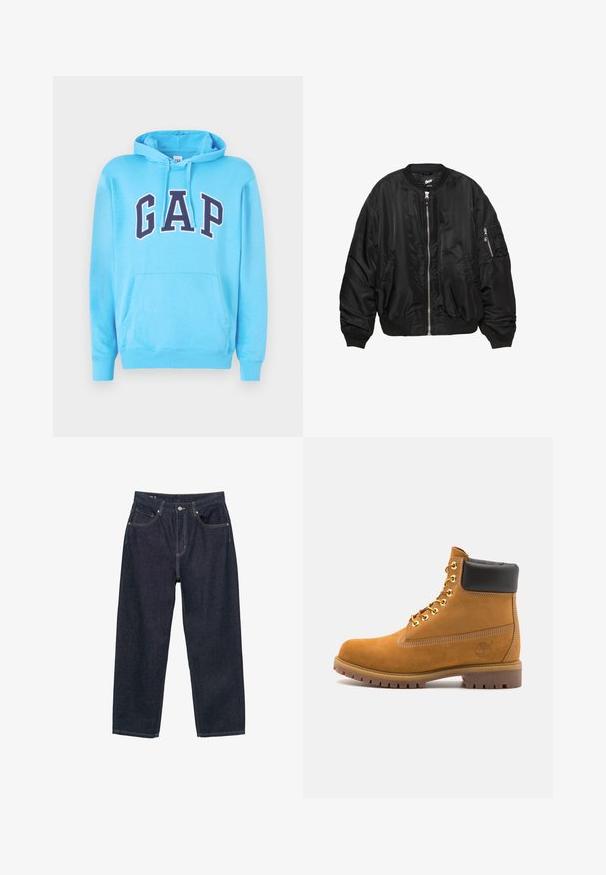 Črna satenasta bomber jakna z zadrgo spredaj, rebrastim ovratnikom, manšetami, robom, dvema stranskima žepoma in žepom na rokavu z zadrgo.; Cyan pulover s kapuco, izdelan iz mehkega blaga, z kenguru žepom in kapuco na vrvici. Na sprednji strani je napis "GAP" v velikih mornarsko modrih črkah.; Temno modri kavbojasti hlače ohlapnega kroja, ki imajo pet žepov, kontrastne rumene šive in gumbno zapiranje spredaj.; Svetlo rjave anklne čizme iz semiša z črnim oblazinjenim ovratnikom, zlatimi kovinskimi očesci, belimi šivi in robustnim gumijastim podplatom s izrazitimi tredi.