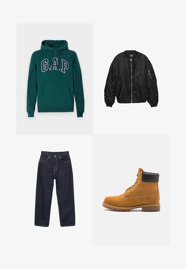 Jachetă bomber din satin negru, cu fermoar frontal, guler, manșete și tiv ribbate, două buzunare laterale și un buzunar cu fermoar pe mânecă.; Hanorac de culoare verde închis, confecționat dintr-un amestec de bumbac, având un mare logo "G.A.P." în alb și bleumarin, un buzunar frontal tip marsupiu și glugă cu șnur.; Jeans de denim albastru închis cu o croială confortabilă, prezentând cinci buzunare, cusături galbene contrastante și un sistem de închidere cu nasture în față.; Cizmă de gleznă din întoarsă de culoare bej, cu guler negru căptușit, ochiuri din metal auriu, detalii de cusătură albă și talpă din cauciuc robustă, cu un model pronunțat.