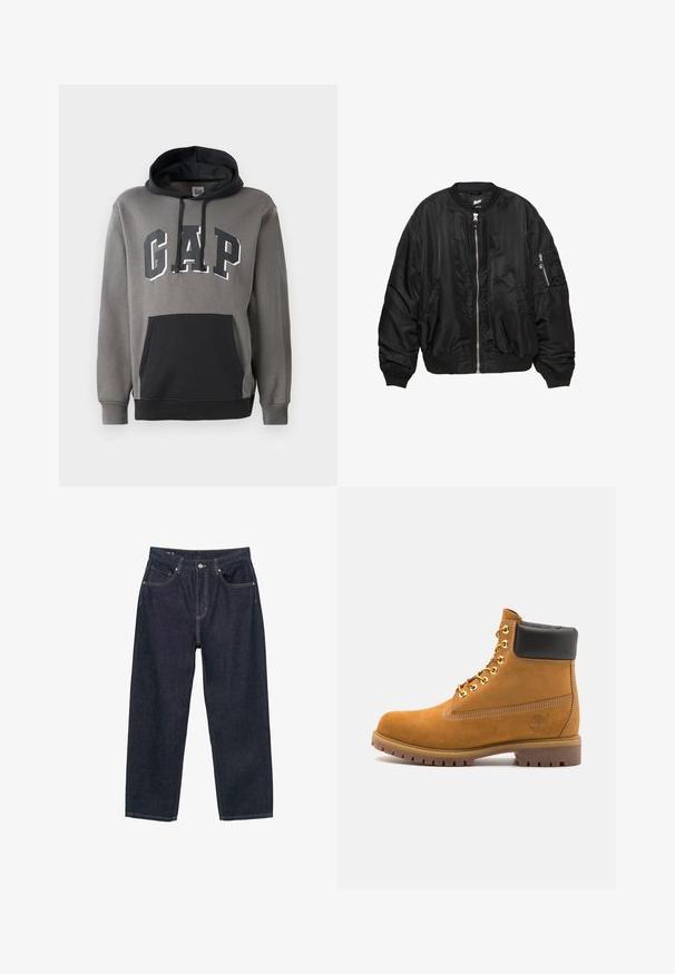 Svart satin bomberjacka med framdragkedja, ribbad krage, ärmslut, fåll, två sidofickor och ficka med dragkedja på ärmen.; Grå hoodie med en svart känguruficka, har "GAP"-logotypen i fet stil över bröstet och en dragsko kring huvan.; Mörkblå denimjeans med lös passform, som har fem fickor, kontrasterande gul sömnad och knäppning fram.; Tan mockasins ankelstövlar med svart vadderad krage, guldmetallöglor, vit sömdekor och slitstöt gummisula med utmärkta mönster.