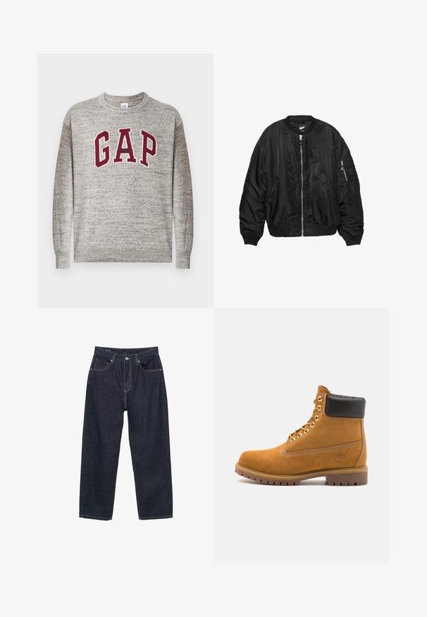 Fekete selyemfényű bombázó dzseki elöl cipzárral, bordás gallérral, mandzsettákkal és aljjal, két oldalsó zsebbel és cipzáras ujjtartó zsebbel.; Szürke garbós pulóver bordó "GAP" felirattal és középen elhelyezett kis "Athletic" szöveggel a mellkason, bordázott mandzsettákkal és hemekkel.; Sötétkék farmernadrág laza szabással, öt zsebbel, kontrasztos sárga varrással és elöl gombos záródással.; Barna velúr bokacipő fekete párnázott gallérral, arany fém fűzőlyukakkal, fehér varrási részletekkel és durva gumitalppal, amelynek kifejezett barázdái vannak.