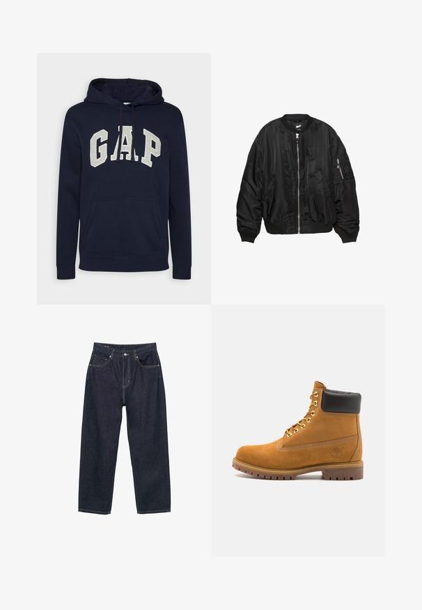 Schwarze Satin-Bomberjacke mit Frontreißverschluss, geripptem Kragen, Bündchen, Saum, zwei seitlichen Taschen und einer Reißverschlusstasche am Ärmel.; Marineblaue Baumwollkapuzenjacke mit einem großen, hellgrauen "GAP"-Logo, einer vorderen Tasche und Kordeln an der Kapuze. Klassisches Design mit gerippten Bündchen.; Dunkelblaue Denim-Jeans mit einer lockeren Passform, ausgestattet mit fünf Taschen, kontrastierendem gelbem Stich und einem Knopfverschluss vorne.; Beige Wildleder-Ankle-Boot mit schwarzem gepolstertem Kragen, goldenen Metallösen, weißen Nähdetalben und einer robusten Gummisohle mit ausgeprägtem Profil.