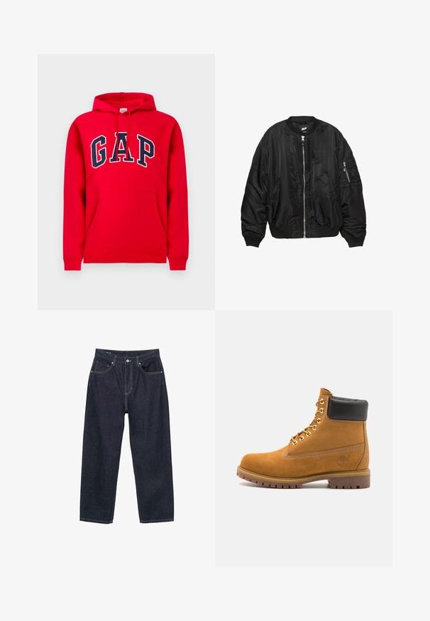 Črna satenasta bomber jakna z zadrgo spredaj, rebrastim ovratnikom, manšetami, robom, dvema stranskima žepoma in žepom na rokavu z zadrgo.; Rdeča kapuca iz bombaža, z sprednjim žepom, kapuco na vrvico in logotipom "GAP" v temno modri barvi čez prsi.; Temno modri kavbojasti hlače ohlapnega kroja, ki imajo pet žepov, kontrastne rumene šive in gumbno zapiranje spredaj.; Svetlo rjave anklne čizme iz semiša z črnim oblazinjenim ovratnikom, zlatimi kovinskimi očesci, belimi šivi in robustnim gumijastim podplatom s izrazitimi tredi.