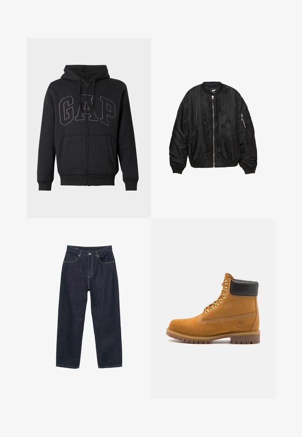 Sort satin bomberjakke med frontlynlås, ribbestrikket krave, manchetter, bund, to sidelommer og lynlås-lomme på ermet.; Sort zip-up hættejakke med forlommer, snoretræk i hætten og stort broderet "GAP" logo på tværs af brystet, foret med blødt fleece indvendigt.; Mørkeblå denim jeans med løs pasform, der har fem lommer, kontrasterende gul syning og en knaplukning foran.; Tan nubuck ankelstøvle med sort polstret krave, gyldne metaløjer, hvid syning detaljer og robust gummisål med udtalte slidbaner.