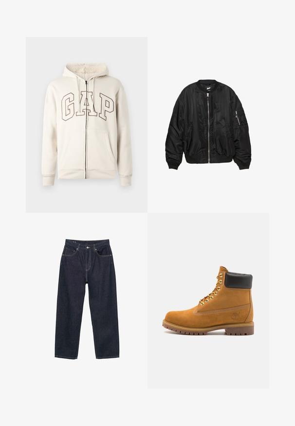 Sort satin bomberjakke med frontlynlås, ribbestrikket krave, manchetter, bund, to sidelommer og lynlås-lomme på ermet.; Beige zip-hoodie med fleeceforet hætte, snoretræk, frontlommer og store omridsede "GAP" bogstaver på brystet.; Mørkeblå denim jeans med løs pasform, der har fem lommer, kontrasterende gul syning og en knaplukning foran.; Tan nubuck ankelstøvle med sort polstret krave, gyldne metaløjer, hvid syning detaljer og robust gummisål med udtalte slidbaner.