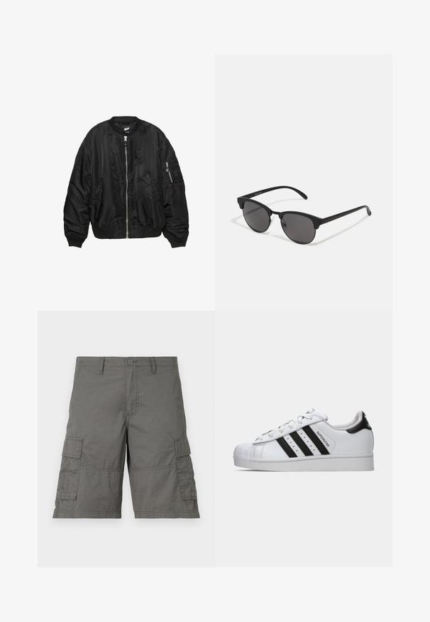 Veste bomber en satin noir avec fermeture éclair à l'avant, col, poignets et ourlet côtelés, deux poches latérales et une poche à fermeture éclair sur la manche.; Chemise à rayures bleu clair et blanche à manches longues avec une poche poitrine unique. Design simple et classique sur un fond neutre.; Shorts cargo gris avec fermeture à bouton, plusieurs poches latérales et détails de couture. Fabriqués en tissu léger et durable.; Baskets Adidas Superstar blanches avec des rayures noires, embout en forme de coque, et texte "Superstar" sur le côté, présentées en profil gauche sur fond blanc.; Lunettes de soleil noires avec des verres ronds, finition mate et une forme distinctive en œil de chat. Monture fine avec un logo discret sur la branche gauche.