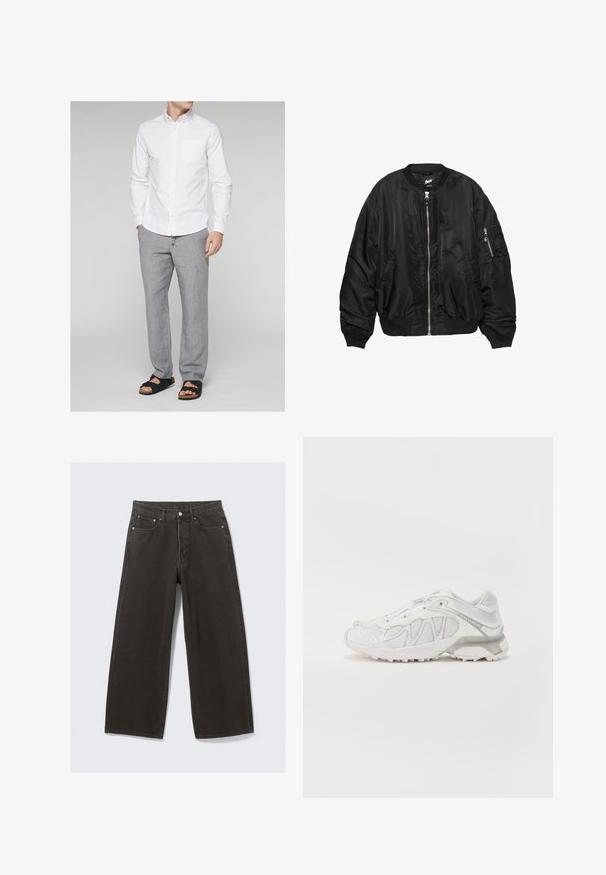 Fekete selyemfényű bombázó dzseki elöl cipzárral, bordás gallérral, mandzsettákkal és aljjal, két oldalsó zsebbel és cipzáras ujjtartó zsebbel.; Next LONG SLEEVE OXFORD - Ing - white; A széles lábú fekete farmernadrág magas derékkal, öt zsebes dizájnnal és gombos záródással rendelkezik. Az anyag puha, textúrált felületű.; Fehér sportcipő, hálós felsőrésszel, strukturált részletekkel és karcsú dizájnnal. Világosszürke részletekkel díszített és párnázott talppal.
