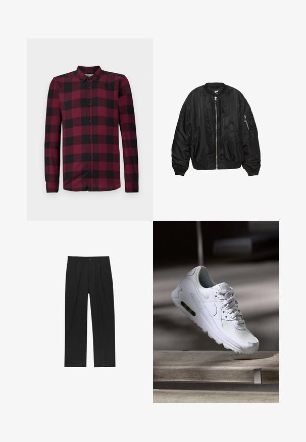 Giubbotto bomber in satin nero con zip frontale, colletto a coste, polsini a coste, fondo a coste, due tasche laterali e tasca con zip sulla manica.; Camicia a maniche lunghe con motivo a quadri rosso e nero, colletto classico e polsi aderenti.; Tre T-shirt bianche in morbido cotone, con maniche corte e scollo rotondo, impilate ordinatamente con dettagli di cucitura minimi.; Pantaloni neri con un design a gamba dritta, realizzati in un tessuto liscio. Presentano pieghe frontali e una chiusura a un bottone in vita.; Sneaker Nike Air Max 90 bianco con tomaia in mesh e pelle, punta forata e un'unità air visibile nel tallone.