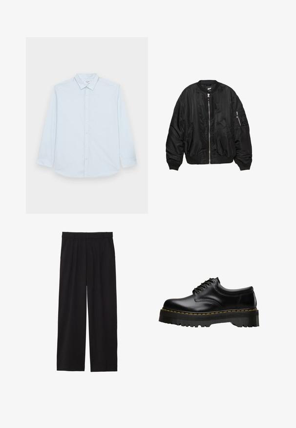 Giubbotto bomber in satin nero con zip frontale, colletto a coste, polsini a coste, fondo a coste, due tasche laterali e tasca con zip sulla manica.; Jack & Jones JJJOE PLAIN NOOS - Camicia - cashmere blue; Pantaloni neri a gamba larga con frontale plissettato, tasche laterali e una texture di tessuto liscia. Progettati per un fit comodo.; Scarpa nera in pelle con lacci, dotata di una soletta in gomma nera spessa e seghettata e cuciture gialle lungo il bordo, con una finitura liscia.