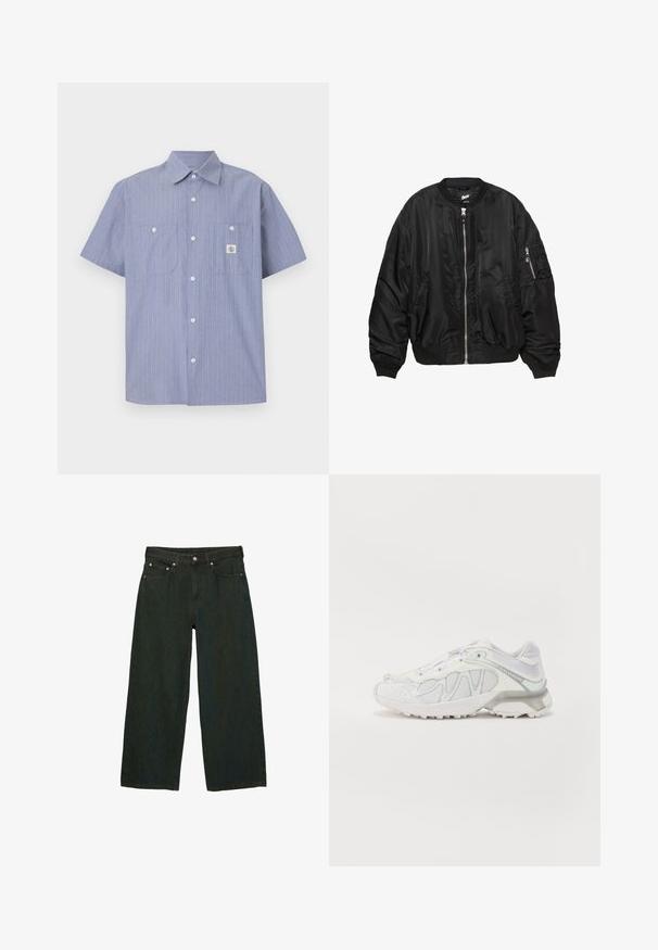 Črna satenasta bomber jakna z zadrgo spredaj, rebrastim ovratnikom, manšetami, robom, dvema stranskima žepoma in žepom na rokavu z zadrgo.; Srajca s kratkimi rokavi in golo modri barvi z belimi in oranžnimi navpičnimi črtami, ki ima dve žepoma na prsih in blagovno oznako.; Temnozeleni široki traper hlače; vsebujejo sprednji gumb in zadrgo, pet žepov ter subtilne spremembe teksture.; Bela športna čevlja s površinami iz mrežaste tkanine, strukturiranimi površinami in elegantnim dizajnom. Okrašena s svetlo sivimi detajli in podplatom s podlogo.