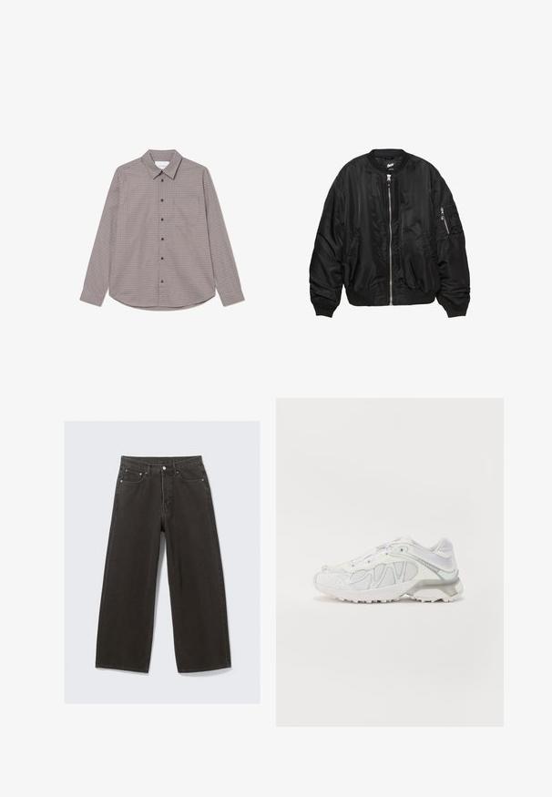 Črna satenasta bomber jakna z zadrgo spredaj, rebrastim ovratnikom, manšetami, robom, dvema stranskima žepoma in žepom na rokavu z zadrgo.; Srajca z dolgimi rokavi z gumbom v rjavi in bež karirasti vzorec. Ima ovratnik, žep na prsih in črne gumbe spredaj.; Široke črne kavbojke iz denima imajo visok pas, design s petimi žepi in zapiranje na gumb. Tkanina ima mehak, teksturiran zaključek.; Bela športna čevlja s površinami iz mrežaste tkanine, strukturiranimi površinami in elegantnim dizajnom. Okrašena s svetlo sivimi detajli in podplatom s podlogo.