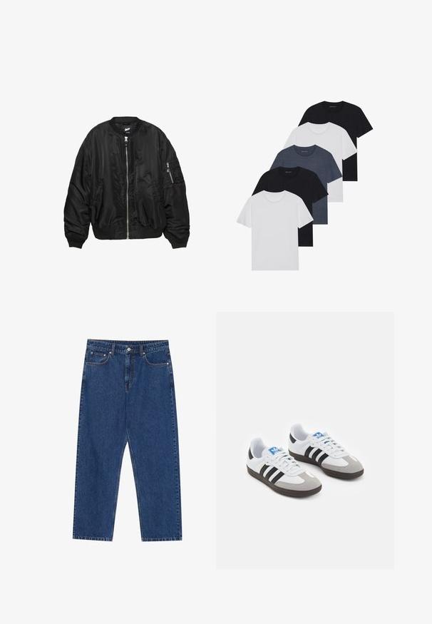 Črna satenasta bomber jakna z zadrgo spredaj, rebrastim ovratnikom, manšetami, robom, dvema stranskima žepoma in žepom na rokavu z zadrgo.; Set petih majic v črni, beli in mornarsko modri barvi. Bombažni material, kratki rokavi, krojen vrh z okroglim izrezom ter enostavno teksturo brez vzorcev.; Denim hlače v temno modri barvi, z ravnim krojem, sprednjimi žepi in gumbom na zadrgo ter kontrastnim šivanjem po celotni hlači.; Športni čevlji z belim usnjenim zgornjim delom, sivim semišem na prstih in tremi črnimi črtami. Imajo modro logo na jeziku in teksturiran gumijast podplat.