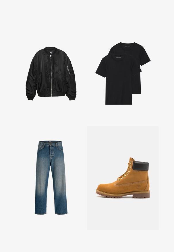 Fekete selyemfényű bombázó dzseki elöl cipzárral, bordás gallérral, mandzsettákkal és aljjal, két oldalsó zsebbel és cipzáras ujjtartó zsebbel.; Két fekete pamut póló, rövid ujjú, kerek nyakkivágással és sima textúrával, egymásra rakva bemutatva.; Kék farmernadrág, laza fazonban, egyenes szárú, enyhe világos kopással és márkázott derékpánttal a részletekért.; Barna velúr bokacipő fekete párnázott gallérral, arany fém fűzőlyukakkal, fehér varrási részletekkel és durva gumitalppal, amelynek kifejezett barázdái vannak.
