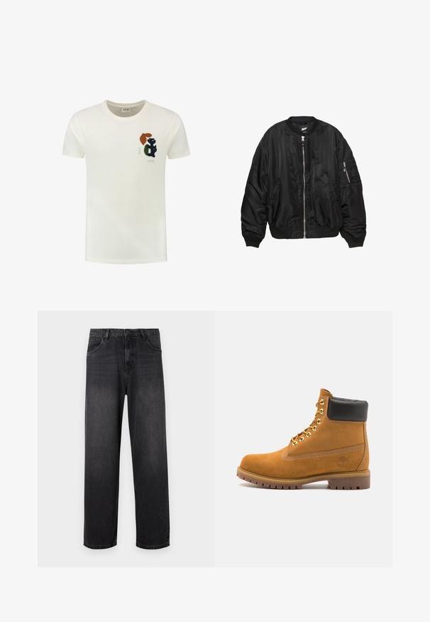 Černá saténová bomber bunda s předním zipem, žebrovaným límcem, manžetami a lemem, dvěma bočními kapsami a kapsou na zip na rukávu.; Krémový bavlněný tričko s kulatým výstřihem a krátkými rukávy. Výrazná vyšívaná grafika v tmavě zelené, hnědé a černé barvě na hrudi.; Tmavě šedé džíny z denimu s rovnými nohavicemi, obsahující zipový klzip, pět kapes a jemné vybledlé detaily na látce.; Hnědé semišové kotníkové boty s černým polstrovaným límcem, zlatými kovovými očky, bílým prošíváním a odolnou gumovou podrážkou s výraznými drážkami.