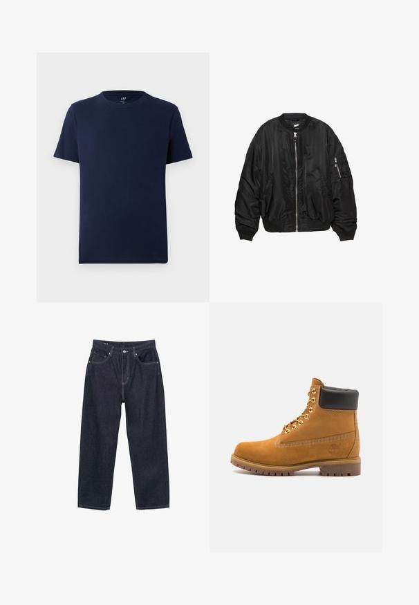 Svart satin bomberjacka med framdragkedja, ribbad krage, ärmslut, fåll, två sidofickor och ficka med dragkedja på ärmen.; Mörkblå t-shirt med kort ärm och rund halsringning i bomull, med en liten GAP-logotyp tryckt innanför kragen.; Mörkblå denimjeans med lös passform, som har fem fickor, kontrasterande gul sömnad och knäppning fram.; Tan mockasins ankelstövlar med svart vadderad krage, guldmetallöglor, vit sömdekor och slitstöt gummisula med utmärkta mönster.