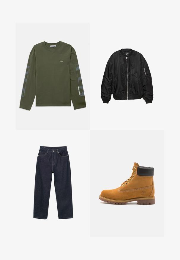 Jachetă bomber din satin negru, cu fermoar frontal, guler, manșete și tiv ribbate, două buzunare laterale și un buzunar cu fermoar pe mânecă.; Tricou cu mânecă lungă de culoare verde măslin, fabricat din bumbac, având un mic logo alb pe piept și un accent gri cu model pe mâneci.; Jeans de denim albastru închis cu o croială confortabilă, prezentând cinci buzunare, cusături galbene contrastante și un sistem de închidere cu nasture în față.; Cizmă de gleznă din întoarsă de culoare bej, cu guler negru căptușit, ochiuri din metal auriu, detalii de cusătură albă și talpă din cauciuc robustă, cu un model pronunțat.