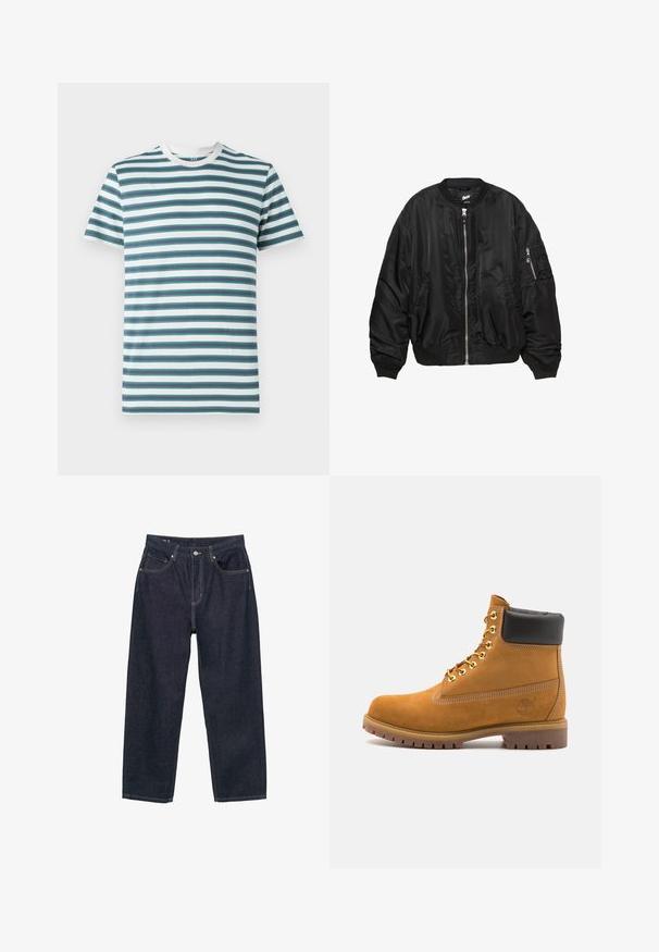 Črna satenasta bomber jakna z zadrgo spredaj, rebrastim ovratnikom, manšetami, robom, dvema stranskima žepoma in žepom na rokavu z zadrgo.; Moška majica s kratkimi rokavi z vodoravnimi črtami v teal, mornarsko modri in beli barvi. Mehka bombažna tkanina z okroglim izrezom in kontrastnim ovratnikom.; Temno modri kavbojasti hlače ohlapnega kroja, ki imajo pet žepov, kontrastne rumene šive in gumbno zapiranje spredaj.; Svetlo rjave anklne čizme iz semiša z črnim oblazinjenim ovratnikom, zlatimi kovinskimi očesci, belimi šivi in robustnim gumijastim podplatom s izrazitimi tredi.