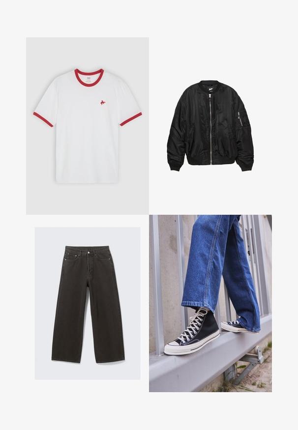 Čierna saténová bomber bunda s predným zipsom, ribbovaným golierom, manžetami a lemom, dvoma bočnými vreckami a vreckom so zipsom na rukáve.; Biela bavlnená tričko s červeným rebrovaným golierom a manžetami, so zeleným vyšitým logom koňa na ľavej strane hrudi.; Široké čierne deniminové džínsy majú vysoký pás, dizajn s piatimi vreckami a zapínanie na gombík. Tkanina má mäkký, textúrovaný povrch.; Čierne vysoké tenisky s bielou podrážkou a šnúrkami, kombinované so voľnými modrými riflami, položené na sivej zábradlí.