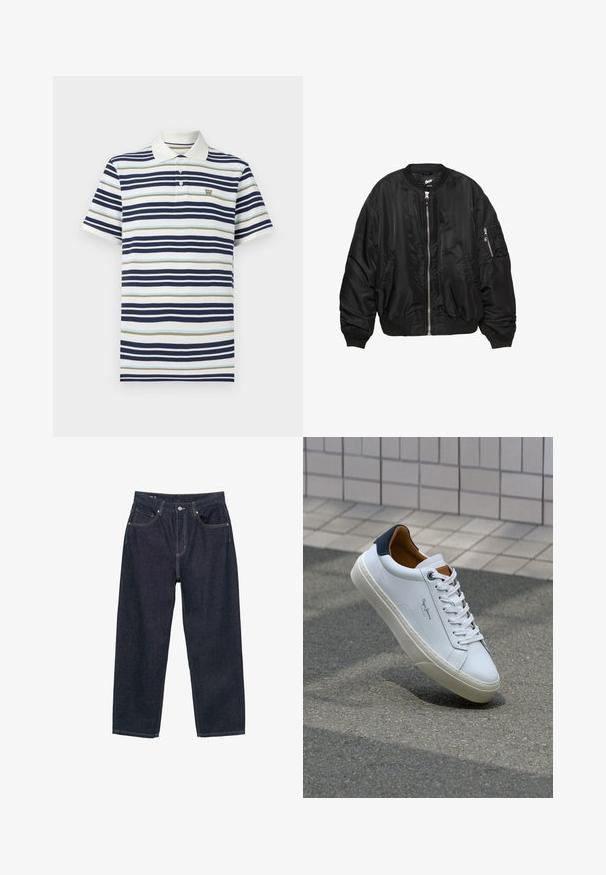 Fekete selyemfényű bombázó dzseki elöl cipzárral, bordás gallérral, mandzsettákkal és aljjal, két oldalsó zsebbel és cipzáras ujjtartó zsebbel.; Tengerészkék, világoskék és bézs csíkos polo ing. 100% pamut anyag klasszikus gallérral és három gombos nyitással. Kicsi logó a mellrészen.; Sötétkék farmernadrág laza szabással, öt zsebbel, kontrasztos sárga varrással és elöl gombos záródással.; Fehér bőr sneaker sötétkék sarkúval, kerek orral és kontrasztos barna részletekkel. Lapított fűzőkkel és textúrált gumitalppal rendelkezik.