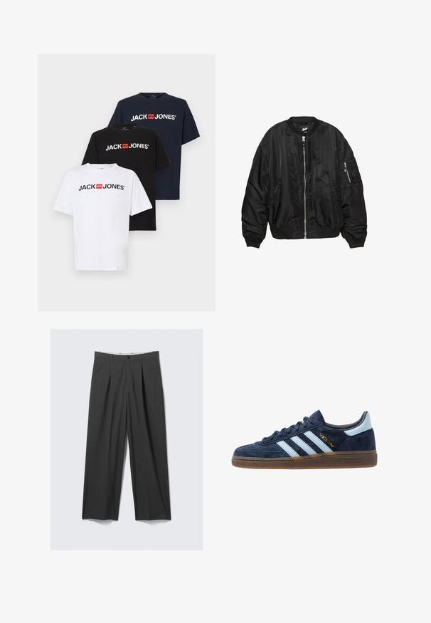 Črna satenasta bomber jakna z zadrgo spredaj, rebrastim ovratnikom, manšetami, robom, dvema stranskima žepoma in žepom na rokavu z zadrgo.; Tri kratke majice s kratkimi rokavi v beli, črni in mornarsko modri barvi z rdečim logotipom "JACK & JONES" na sprednji strani. Narejene so iz bombaža z gladko površino.; Sive široke hlače z naborki. Narejene iz gladkega materiala, z sprednjim gumbom in zankami za pas. Narejene so z ravnim sprednjim delom.; Mornarsko modri velur Adidas športni copati z svetlo modrimi črtami, gumijastim podplatom, svetlo modrim petnim jezičkom in zlatim oznako "Spezial" na strani.