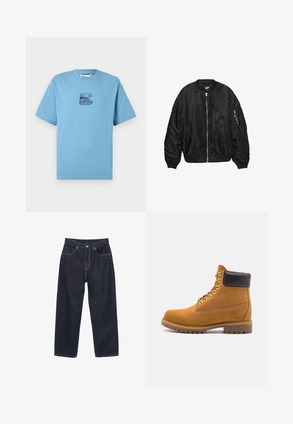 Zwarte satijnen bomberjack met voorkant rits, ribbelkraag, manchetten, zoom, twee zijzakken en een ritsvak op de mouw.; Lichtblauwe T-shirt met korte mouwen en ronde hals, met een donkerblauw berenafbeelding en de tekst "Penfield 69e Verjaardag" op de voorkant in het midden.; Donkerblauwe denim jeans met een losse pasvorm, voorzien van vijf zakken, contrasterende gele stiksels en een knoopsluiting aan de voorkant.; Tan suède enkelboot met zwart gevoerd kraagje, gouden metalen oogjes, witte stikdetails en een robuuste rubberen zool met uitgesproken profiel.