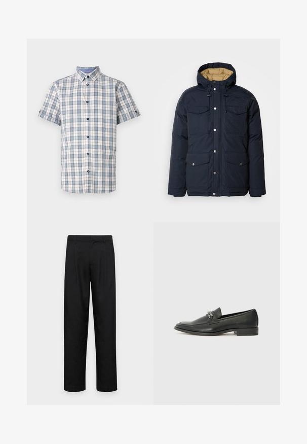 Schott BAIRON - Jachetă de iarnă - navy; Cămașă cu manșete scurte, în carouri, albă, albastră și roșie. Prezintă un guler, nasturi închiși la culoare și un design cu pattern în grilă.; Pantaloni negri dintr-un material neted, cu un design drept, două pliuri frontale și un tiv standard cu bucle pentru curea.; Pantofii negri din piele cu un finisaj neted, având un design cusut și un accent decorativ de lanț metalic peste partea de sus. Toc plat.