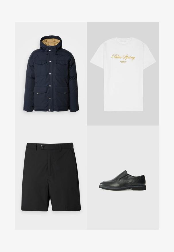 Schott BAIRON - Téli dzseki - navy; Fehér pamut póló, arany szöveggel, amely így szól: "Palm Spring", alatta pedig a "California Love Eighty Five" felirat található, laza fazonnal és kerek nyakkivágással.; Fekete rövidnadrág könnyű anyagból, gombos záródással, két oldalsó zsebbel és egyenes fazonnal. Sima textúra és letisztult dizájn.; Fekete bőr, slip-on cipő sima felsőrésszel, varrott díszítéssel, lekerekített orral és alacsony gumitalppal. A talpa minimális bordázattal rendelkezik.