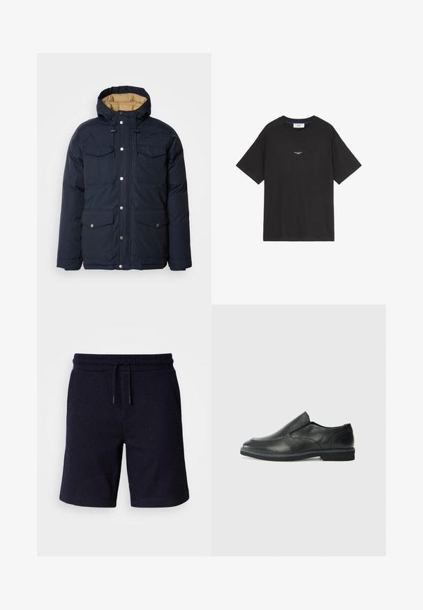 Schott BAIRON - Veste d'hiver - navy; T-shirt en coton noir avec un col rond et des manches courtes. Présente un petit logo blanc sur le devant. Design simple, coupe décontractée.; Shorts bleu marine avec une taille élastique et un cordon de serrage. Tissu texturé avec une finition lisse, comportant des coutures latérales.; Chaussure slip-on en cuir noir avec une tige lisse, des accents cousus, un bout arrondi et un petit talon en caoutchouc. La semelle présente un profil de traction minimal.