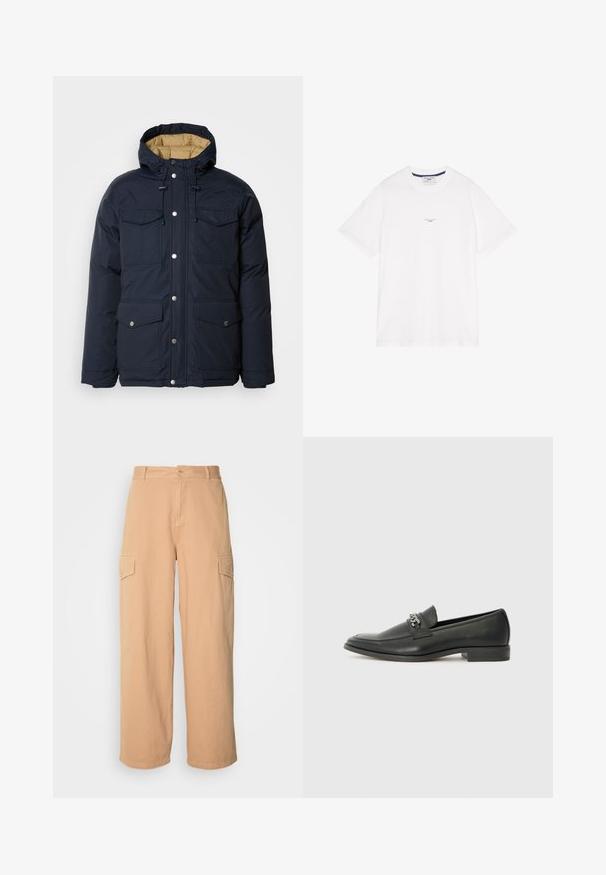 Schott BAIRON - Giacca invernale - navy; T-shirt bianco in cotone con maniche corte, collo a giro e testo sottile al centro. Texture liscia con vestibilità rilassata.; Pantaloni cargo larghi beige realizzati in tessuto leggero, dotati di due tasche laterali e chiusura con bottone in vita. Tessuto morbido.; Mocassino in pelle nera con finitura liscia, caratterizzato da un design cucito e da un accento decorativo in catena metallica sul vamp. Tacco piatto.