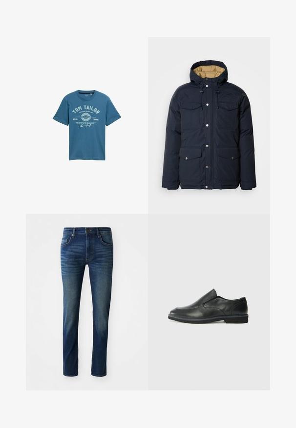Schott BAIRON - Zimska jakna - navy; Modra bombažna majica s kratkimi rokavi, z natisnjenim dizajnom v beli barvi, ki vključuje ime blagovne znamke "Tom Tailor" in dodatne podrobnosti.; Temno modri kavbojke v ožjem kroju, z петimi žepi, sprednjim gumbom in subtilno zbledelim videzom na hlačnicah.; Črne usnjene natikače z gladkim zgornjim delom, prišitimi detajli, zaobljenim nosom in nizkim gumijastim petkom. Podplat ima minimalen profil.