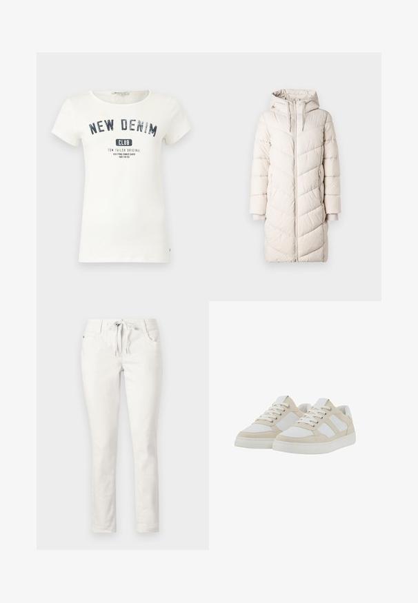 Pelēkbalts, garš pildīts ziemas mētelis ar kapuci, priekšējo rāvējslēdzēju, sānu kabatām un ribotām iekšējām aprocēm.; Balts kokvilnas T-krekls ar apaļu izgriezumu, īsām piedurknēm un drukātu tekstu "NEW DENIM CLUB" tumši zilā krāsā. Klasiska piegriezuma dizains.; Baldie, šauras bikses ar aukliņu jostasvietā, priekšējiem kabatām un gludu tekstūru. Piemērotas ikdienas valkāšanai vai neformālām situācijām.; Bežīni un balti sporta apavi ar strukturētu virsu, auklāšanas slēgšanu un mīkstinātu apkakli. Iespējas ietver trīs baltas sānu svītras un gumijas zoli.