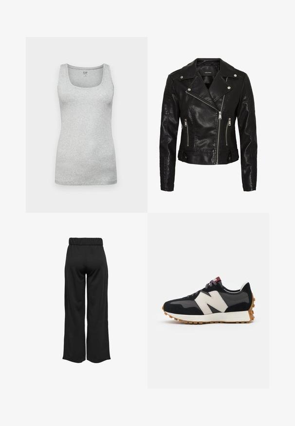 Mustmust must-beekatiga must-bikeri jope, millel on diagonaalne tõmblukk, nööbid ja vertikaalsed õmblused varrukatel. Brändi silt: Vero Moda.; Hallide hallikas puuvillane tank top, millel on ümardatud kaelus, kitsas lõige ja sile tekstuur. Ei sisalda nähtavaid mustreid ega kaunistusi.; Mustad, laiad püksid elastse vöökohtaga, valmistatud siledast kangast. Omab lihtsat disaini, ilma taskute või nähtavate õmbluste detailideta.; Mustmust ja halli nubukist tennisajal on suur kreemjas "N" logo, lilla paelad ja tekstureeritud kummist välispohja.