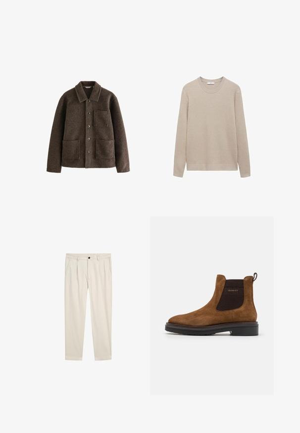 Braune Wolljacke mit Kragen, zwei Fronttaschen und Knopfverschluss. Bietet eine strukturierte Oberfläche und ein gerades Design.; Beige gerippter Strickpullover mit Rundhalsausschnitt, langen Ärmeln und geradem Saum. Weiche Textur und neutrale Farbe, die sich gut zum Schichten eignet.; Helle beigefarbene Hose mit lockerer Passform, zwei seitlichen Taschen, einem einzelnen Knopfverschluss und einer glatten, weichen Baumwollmischung.; Braune Wildleder-Ankle-Boots mit einer abgerundeten Zehe und elastischen seitlichen Einsätzen. Verfügt über ein schwarzes, strukturiertes Akzent und eine Zuglasche auf der Rückseite. Schwarze Sohle.