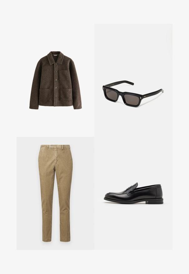 Pruun villane jakk, millel on krae, kaks esistaski ja nööpide kinnitused. Omab tekstuurset viimistlust ja sirget lõiget.; Musta kõrge kaelusega kampsun, mis on valmistatud pehmest kudumist materjalist. Omab pikki varrukaid, soonikpitsiga kaela- ja alumist äärt. Lihtne ja sujuv disain ilma mustriteta.; Beezidist korallid otstega, kus on nööbiklapi ja esitaskud. Sile tekstuur nähtava soonelise mustriga.; Mustad mustad nahast loafers sileda tekstuuriga, ümarat ninaosa ja dekoratiivne riba vampi üle. Madal kihiline konts, minimalistlik disain.; Mustad mustakorruselised prillid tumedate läätsedega, paks plastikraam, kuldsed aksendid templites ning kaubamärgi logo graveeritud käe lilla.