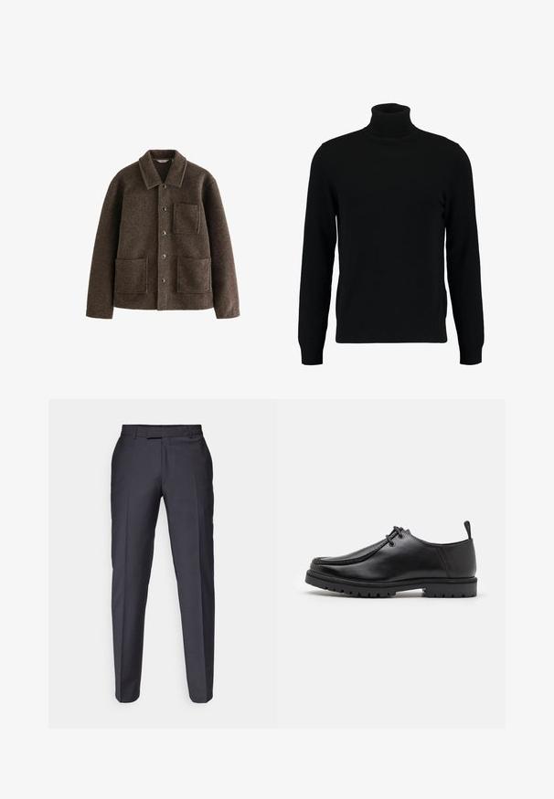 Rjava volnena jakna s ovratnikom, dvema sprednjima žepoma in gumbnimi zap closure. Ima teksturirano površino in ravno krojeno obliko.; Črn pulover s turtleneck ovratnikom, izdelan iz mehkega pletenega materiala. Ima dolge rokave, rebrast ovratnik in rob. Preprost, eleganten dizajn brez vzorcev.; Temno sivi krojni hlače s ravnim krojem. Imajo gladko teksturo in sprednje pregibe. Brez vidnih blagovnih znamk ali okrasitev.; Črne usnjene čevlje na vezanje z robustnim podplatom in zanko na peti, prikazani s strani na beli podlagi.