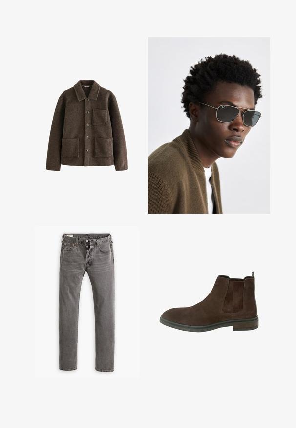 Pruun villane jakk, millel on krae, kaks esistaski ja nööpide kinnitused. Omab tekstuurset viimistlust ja sirget lõiget.; Musta kõrge kaelusega kampsun, mis on valmistatud pehmest kudumist materjalist. Omab pikki varrukaid, soonikpitsiga kaela- ja alumist äärt. Lihtne ja sujuv disain ilma mustriteta.; Hallid hallid teksad sirge lõikega, nööpidega lukuga, viie tasku disainiga ning oranžad õmblused õmbluste juures.; Pruunest mokastest pahkluu saapad elastsete külgpaneelidega, ümarate varvastega ja madala laotud kontsaga. Omab õmblemise detaili põhi ääres.; Prillid, millel on hõbedane metallist raam, piloodikujuline disain ja tumeda tooniga läätsed. Stiliseeritud ribakujulise pruuni bomber-jakiga.