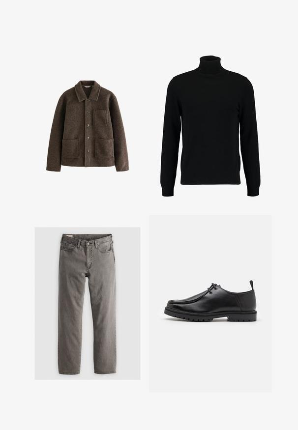 Brūns vilnas žakets ar apkakli, divām priekšējām kabatām un pogu aizdari. Iespējota teksturēta apdare un taisna griezuma dizains.; Melns augsti stāvošs džemperis, kas izgatavots no mīksta adījuma materiāla. Tam ir garas piedurknes, ribota apkakle un apakšmala. Vienkāršs, elegants dizains bez rakstiem.; Pelēki džinsi ar taisnu griezumu, piecu kabatu dizainu un pogu aizdari; nav redzamu rakstu vai akcentu; nedaudz izbalējusi apdare.; Melnas ādas šņorējamās kurpes ar izturīgu zoli un cilpiņu uz papēža, parādītas no sāniem uz baltas fona.