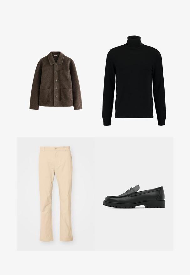 Pruun villane jakk, millel on krae, kaks esistaski ja nööpide kinnitused. Omab tekstuurset viimistlust ja sirget lõiget.; Musta kõrge kaelusega kampsun, mis on valmistatud pehmest kudumist materjalist. Omab pikki varrukaid, soonikpitsiga kaela- ja alumist äärt. Lihtne ja sujuv disain ilma mustriteta.; Beige puuvillased püksid sirge lõikega, nööbiga kinni tõmmatavad ja vöörihmadega. Sile tekstuur, ilma nähtavate mustrite või aktsendita.; Mustad musta nahast loafers, millel on ümar varvas, tikandiga disain, madal platvorm-soon ja tekstureeritud, soonikkummist välistald.