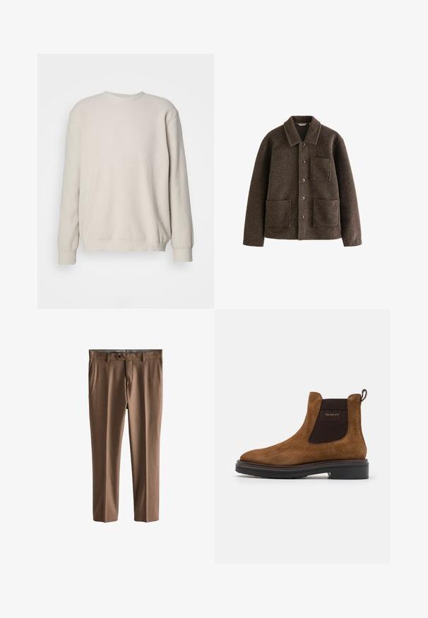 Bruine wollen jas met een kraag, twee voorzakken en knoopsluitingen. Heeft een textuurfinish en een rechte snit.; Beige lange mouw trui met geribbelde textuur, ronde hals en aangesloten mouwen. Eenvoudig, zonder versieringen ontwerp met een relaxte pasvorm.; Bruine, op maat gemaakte broeken van gestructureerde stof. Voorzien van een enkele knoopsluiting, twee voorkennis en een rechte pasvorm.; Bruine suède enkelboot met een ronde neus en elastische zijkanten. Bevat een zwart gestructureerd accent en een trekband aan de achterkant. Zwarte zool.