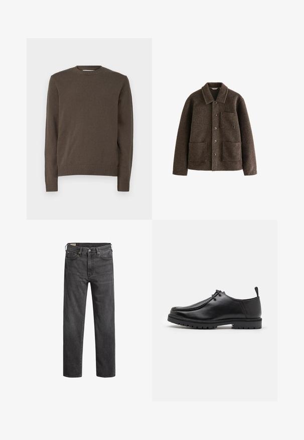 Braune Wolljacke mit Kragen, zwei Fronttaschen und Knopfverschluss. Bietet eine strukturierte Oberfläche und ein gerades Design.; Brauner Strickpullover mit rundem Ausschnitt, langen Ärmeln, geripptem Saum und Bündchen, der eine durchgehend glatte Textur aufweist.; Dunkelgraue Denim-Jeans mit geradem Beinschnitt, fünf Taschen und Kupfennieten. Klassisches Design mit einer leicht verblassten Textur.; Schwarze Leder-Schnürschuhe mit robustem Sohlenprofil und Zuglasche an der Ferse, von der Seite auf einem weißen Hintergrund gezeigt.