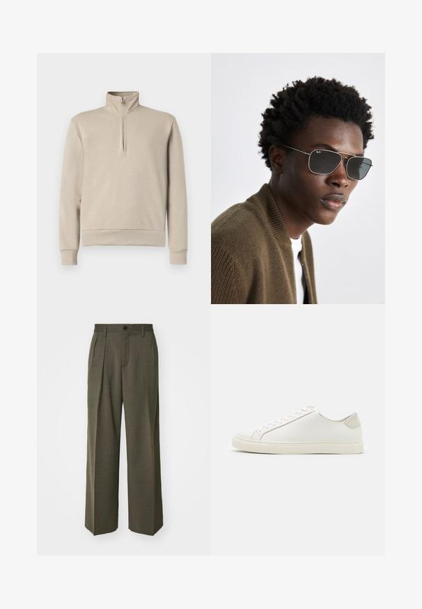 Chaqueta de lana marrón con cuello, dos bolsillos frontales y cierres de botones. Presenta un acabado texturizado y un diseño de corte recto.; Sudadera beige de cuello alto con media cremallera en la parte delantera, mangas largas y puños y dobladillo acanalados. Textura de tela suave, diseño minimalista.; Filippa K WIDE TROUSERS - Pantalones - driftwood; Zapatilla blanca de cuero con una superficie suave, punta redonda y diseño minimalista. Presenta acentos en beige en el talón y una suela de goma.; Gafas de sol con un marco de metal plateado, forma de aviador y lentes oscuros. Combinadas con una chaqueta bomber marrón con textura acanalada.