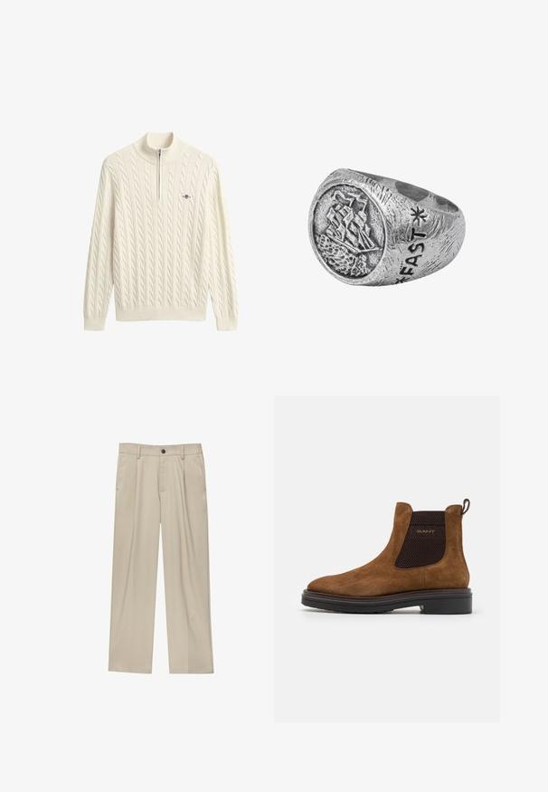 Brown wool jacket with a collar, two front pockets, and button closures. Features a textured finish and a straight cut design.; Cream-colored knit sweater with a high collar, featuring cable patterns and a half-zip closure. Ribbed cuffs and hem complete the design.; Beige trousers with a straight cut, featuring a single black button, belt loops, and side pockets. Smooth fabric texture and minimal design.; Brown suede ankle boot with a rounded toe and elastic side panels. Features a black textured accent and a pull tab on the back. Black sole.; Silver ring featuring a ship motif on a round face, with textured detailing and engraved "FAST" on the side, exhibiting a rugged design.