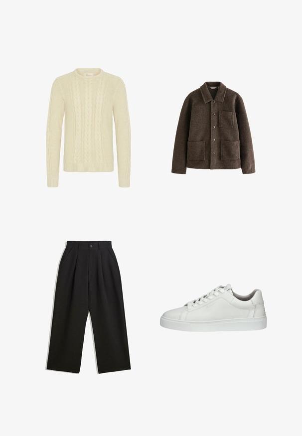 Bruine wollen jas met een kraag, twee voorzakken en knoopsluitingen. Heeft een textuurfinish en een rechte snit.; Blend BHBASIM - Trui - oyster gray; Zwarte broeken met een relaxte pasvorm, voorzien van plooien aan de voorzijde, zijzakken en een knoopsluiting. Gemaakt van textiel met structuur.; Witte leren sneaker met ronde neus, vetersluiting, gepolsterde kraag, geprofileerde rubberen zool en reliëf logo detail aan de zijkant.