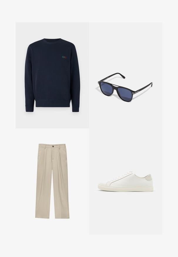 Giacca in lana marrone con colletto, due tasche frontali e chiusure a bottone. Presenta una finitura testurizzata e un design a taglio dritto.; Felpa girocollo blu navy realizzata in tessuto morbido, con un piccolo dettaglio ricamato composto da cinque strisce verticali di vari colori sul petto.; Pantaloni beige a taglio dritto, con un solo bottone nero, passanti per la cintura e tasche laterali. Tessuto dalla texture liscia e design minimale.; Sneaker bianca in pelle con superficie liscia, punta rotonda e design minimalista. Presenta dettagli beige sul tallone e una suola in gomma.; Occhiali da sole con montatura in plastica nera, lenti azzurre, forma leggermente arrotondata e dettagli metallici argento sulle aste.