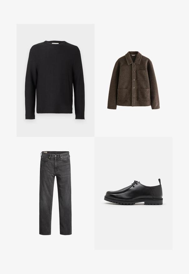 Hnedá vlnená bunda s golierom, dvoma prednými vreckami a gombíkovým zapínaním. Má textúrovaný povrch a rovný strih.; Čierny pletený sveter s okrúhlym výstrihom a dlhými rukávmi. Obsahuje rebrovanú textúru a šité lemy, s etikettou na výstrihu.; Tmavošedé riflové nohavice s rovnými nohavicami, piatimi vreckami a medenými nitmi. Klasický dizajn s jemne vyblednutou textúrou.; Čierne kožené šnurovacie topánky s robustnou podrážkou a poutkom na päte, zobrazené z boku na bielom pozadí.