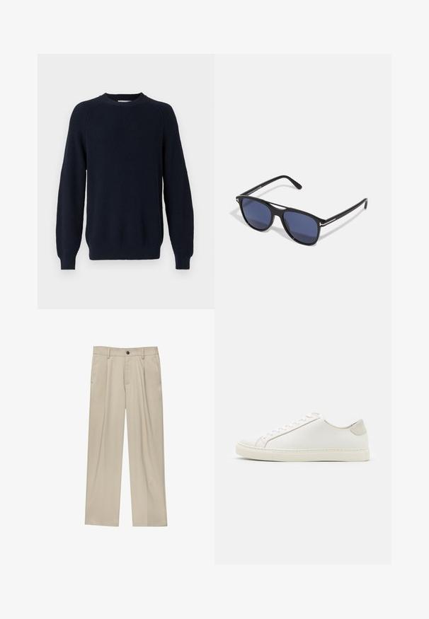 Ruskea villa takki, jossa on kaulus, kaksi etutaskua ja nappikiinnitys. Takissa on teksturoitu pinta ja suora leikkaus.; Merinovillasta neulottu tummansininen sekoitepaita, jossa on teksturoidut yksityiskohdat, pyöreä pääntie ja pitkät hihat. Hihassa ja helman reunassa on ribbineulosta.; Beige-housut suoran leikkauksen omaavina, joissa on yksi musta nappi, vyölenkit ja sivutaskut. Sileä kangas ja minimalisti muotoilu.; Valkoinen nahkakengät, joissa on sileä pinta, pyöreä kärki ja minimalistiinen muotoilu. Varressa beige-yksityiskohtia ja kumipohja.; Aurinkolasit, joissa on musta muovikehys, sinisen sävyiset linssit, hieman pyöristetty muoto ja hopeiset metallikoristeet temppeleissä.