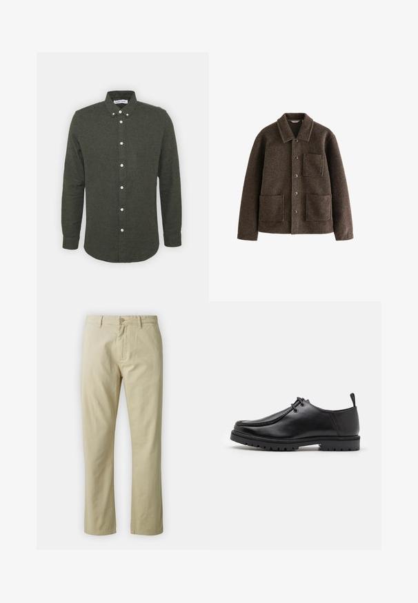 Braune Wolljacke mit Kragen, zwei Fronttaschen und Knopfverschluss. Bietet eine strukturierte Oberfläche und ein gerades Design.; Dunkelgrünes Hemd mit Knopfleiste, Kragen, langen Ärmeln und weißen Knöpfen. Weicher, strukturierter Stoff mit leicht gebogenem Saum.; Beige Baumwollhose mit geradem Bein, mit vorderem Knopfverschluss und Gürtelschlaufen. Glatte Textur, keine sichtbaren Muster oder Akzente.; Schwarze Leder-Schnürschuhe mit robustem Sohlenprofil und Zuglasche an der Ferse, von der Seite auf einem weißen Hintergrund gezeigt.
