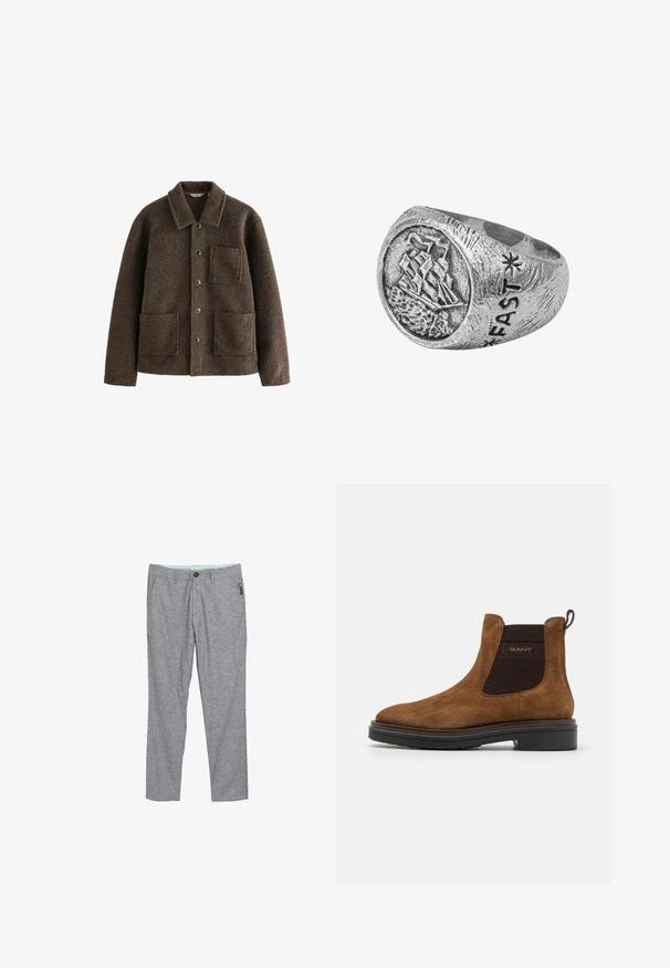 Brown wool jacket with a collar, two front pockets, and button closures. Features a textured finish and a straight cut design.; Cream cotton t-shirt with short sleeves, round neck, and a chest pocket featuring a subtle logo. Smooth texture and relaxed fit.; Gray, straight-leg trousers made from textured fabric. Features a button closure, belt loops, and a small side pocket.; Brown suede ankle boot with a rounded toe and elastic side panels. Features a black textured accent and a pull tab on the back. Black sole.; Silver ring featuring a ship motif on a round face, with textured detailing and engraved "FAST" on the side, exhibiting a rugged design.