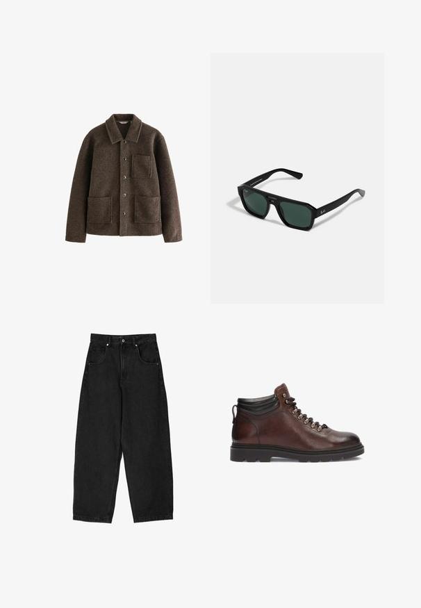Barna gyapjú dzseki gallérral, két elülső zsebbel és gombos záródással. Texturált felülettel és egyenes szabással rendelkezik.; Fekete, rövid ujjú póló, kerek nyakkivágással, puha anyagból készült, laza, téglalap alakú szabású és minimális dizájnnal rendelkezik.; Fekete farmer széles szárú nadrág magas derékkal, öt zsebbel, cipzáras és fémből készült gombos záródással. Sima textúra, minimális részletezéssel.; Barna bőr túrabakancs, texturált felülettel, ezüst szemekkel és fekete bokapánttal. Gumi talp, amely tartós járásmintával rendelkezik.; Fekete téglalap alakú napszemüveg zöld lencsékkel. Műanyagból készült, nyolcszögletű formájú és sima felületű. Ray-Ban márkajelzéssel az oldalon.